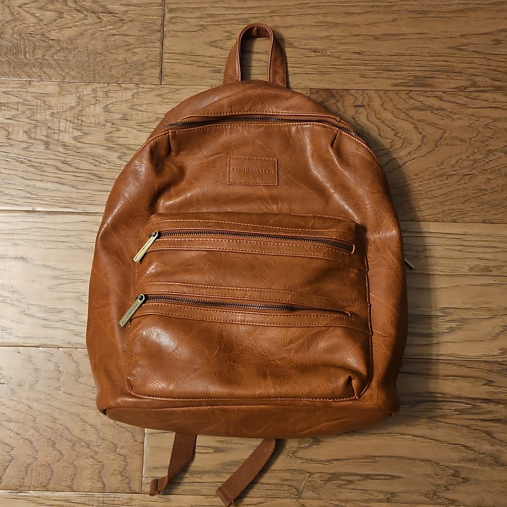 The Honest Company City Backpack Diaper Bag Cognac Vegan Leather Gold Zippers